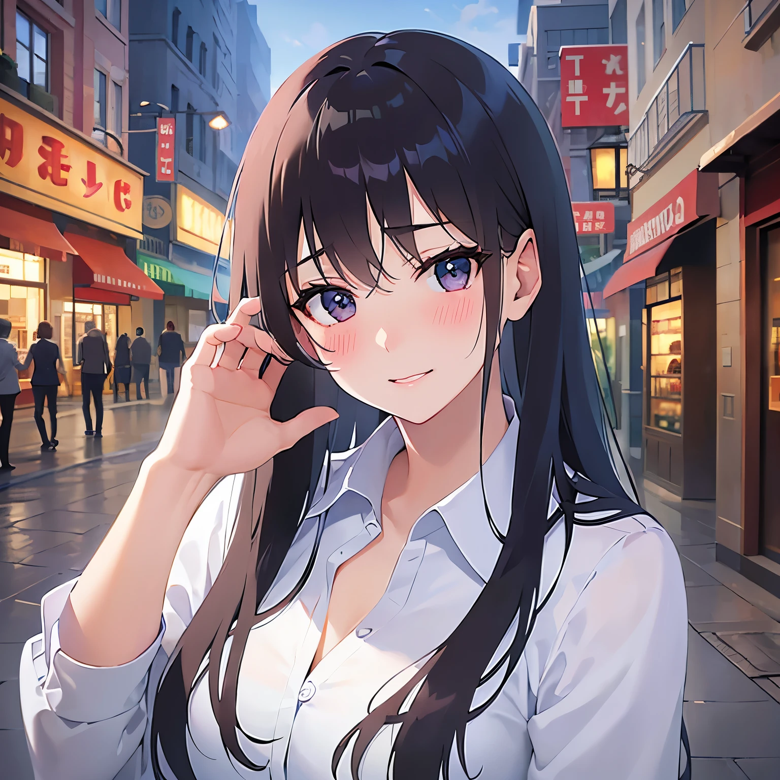 side angle, hand on own face、Biologically correct five fingers、Close-up of your face、head tilt, Cleavage、Realistic, real person, (pale skin: 1.2), RAW photo, photorealistic, shiny skin, shiny hair、(A 25-year-old woman with straight hair and bangs) and (medium hair) and (black hair) and (purple eyes) , (white) and (collared shirt)、smile, (blush:1.5), The background is a shopping street at night、Alone、Are standing