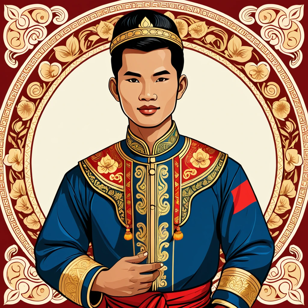 man in laos folk outfit, vector graphics, strong contours