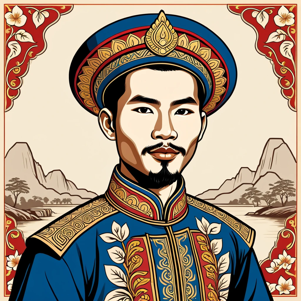 man in laos folk outfit, vector graphics, strong contours