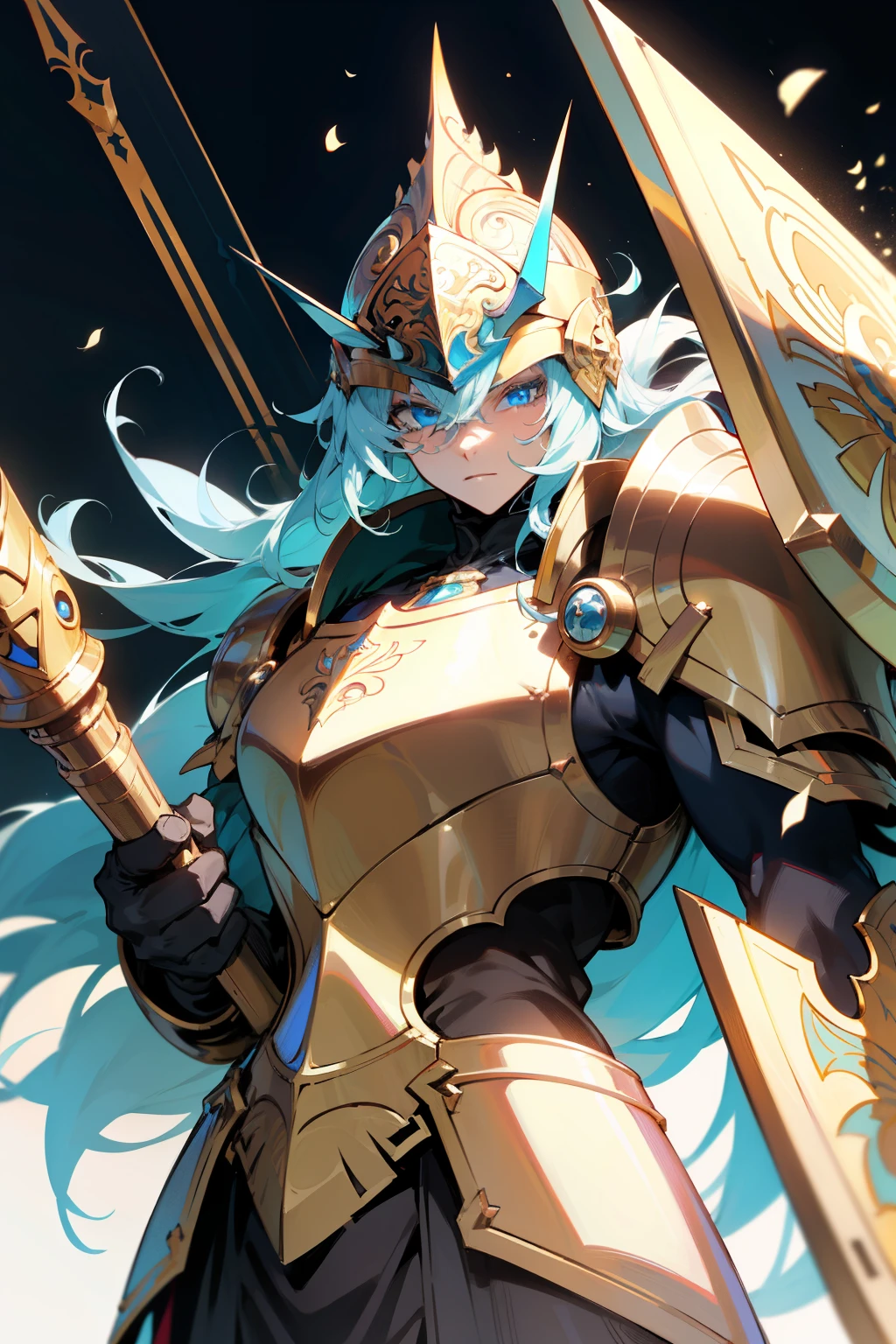 Anime-style RPG Human Paladin, fully armed with a shining helmet. The noble paladin dons a polished suit of armor, its metallic surface reflecting the radiant light. The intricate design of the helmet's crest soars high, conveying the paladin's unwavering courage and dedication. The armor's plates are seamlessly joined, forming a protective barrier around the paladin's strong yet muscular figure. The helmet covers a chiseled jawline and piercing blue eyes, ready to face any challenge that lies ahead.