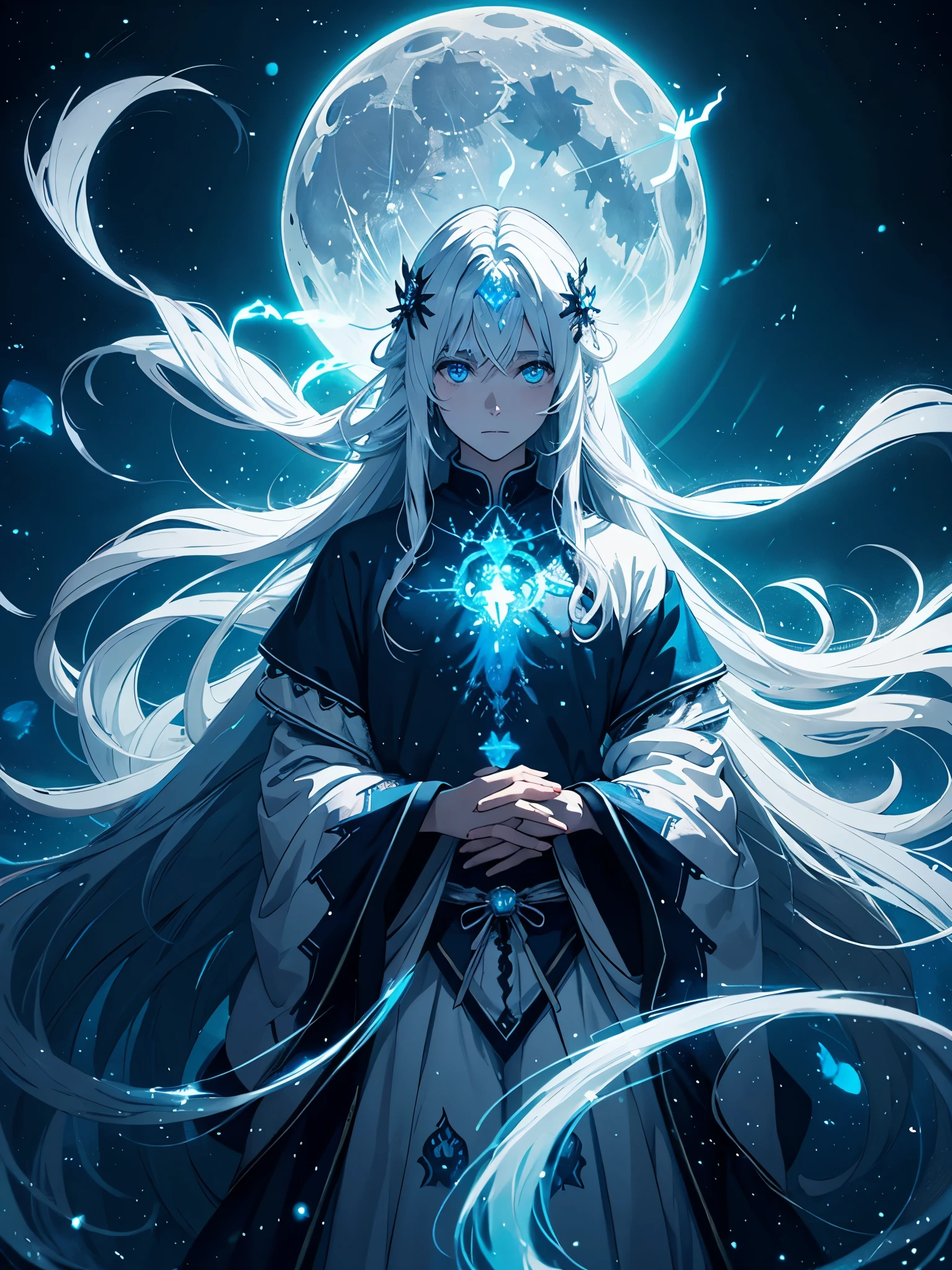 Mehr anime. Mehr 2D. Glow. With blue moth. White crows. Ghosts. lights. magical. Power animals. Spirit. King of the moon. Long hair. long white hair. aquatic, boy, silver hair accessories, White hair, blue flowers. Blue lights. full moon. holy.