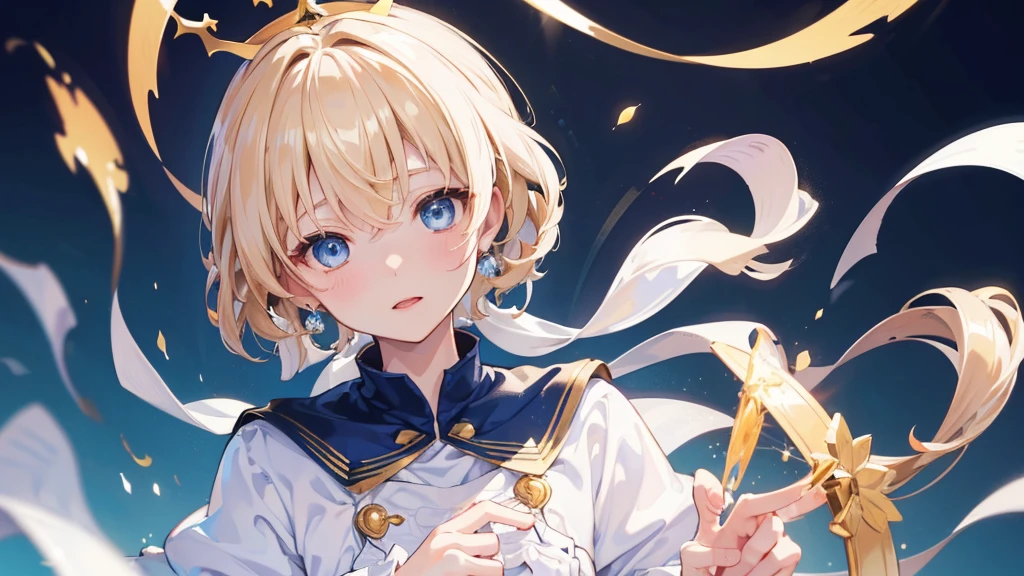 (Highest quality)　(4K)　(8k)　(High resolution)　(masterpiece:1.2)　(Super detailed)　One boy　short hair　Wizard　Blue Eyes　Long sleeve　Golden decoration　Hair between the eyes　White Dress　Wavy golden hair　Upper Body　large crown　(White Background)　(Cast a spell)　front　Face close-up