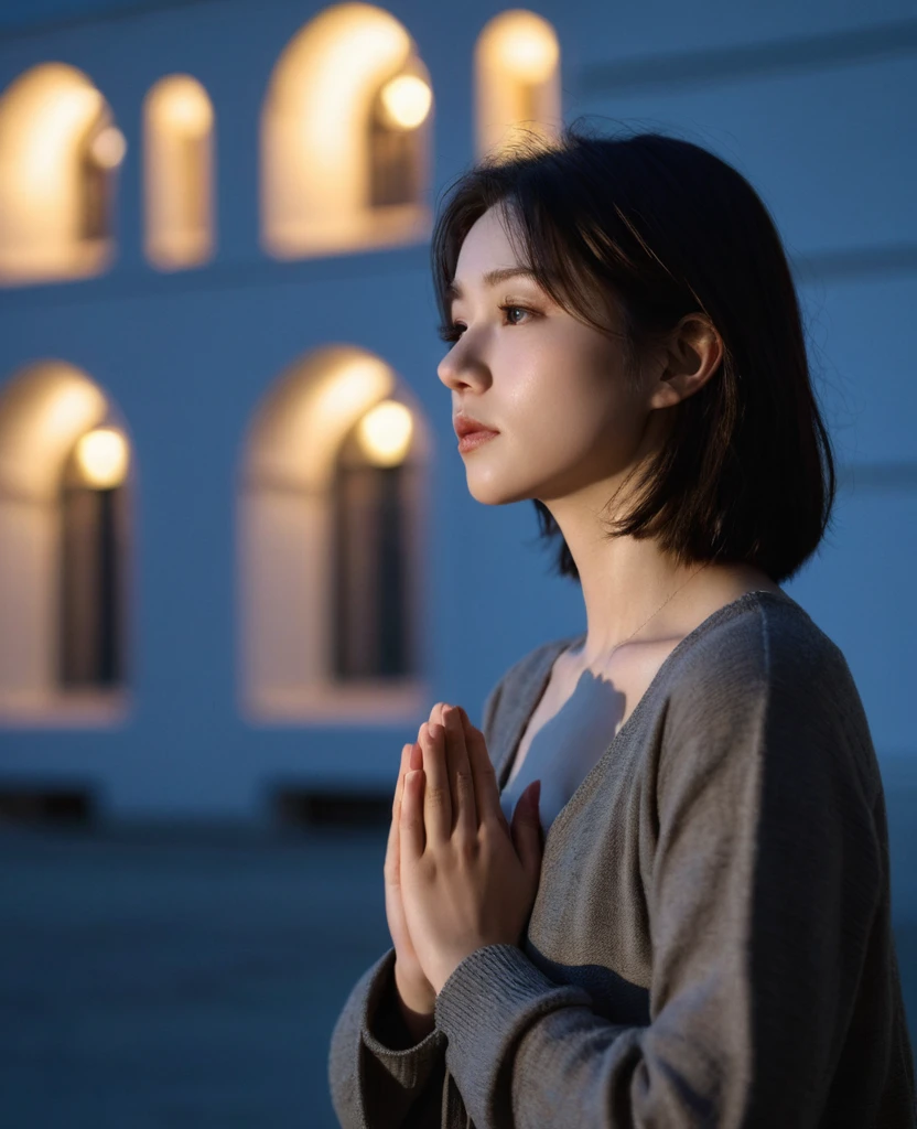girl is praying outside, (Canon RF85mm f/1.2,best quality,Reality:1.4,light),Best quality,masterpiece,Ultra-high resolution,(Realism:1.5),original photo,1 Girl,Lower shoulder,in the darkness,Deep Shadows,Low profile,Cold Light,Attractive appearance,short hair,Half-length photo,