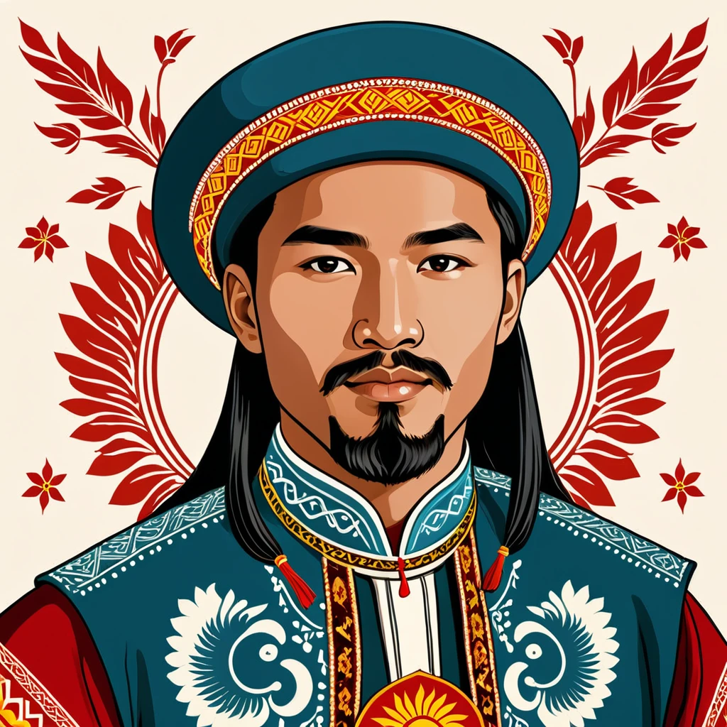 man in Kyrgyzstan folk outfit, vector graphics, strong contours