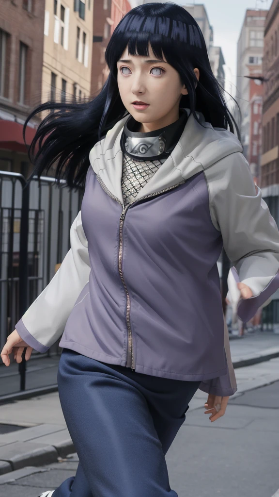 masterpiece, absurdres, 1girl, hinata\(shippuden\), solo,hooded jacket, fishnets, headband around neck, looking at viewer, floating hair, wind, blue pants,