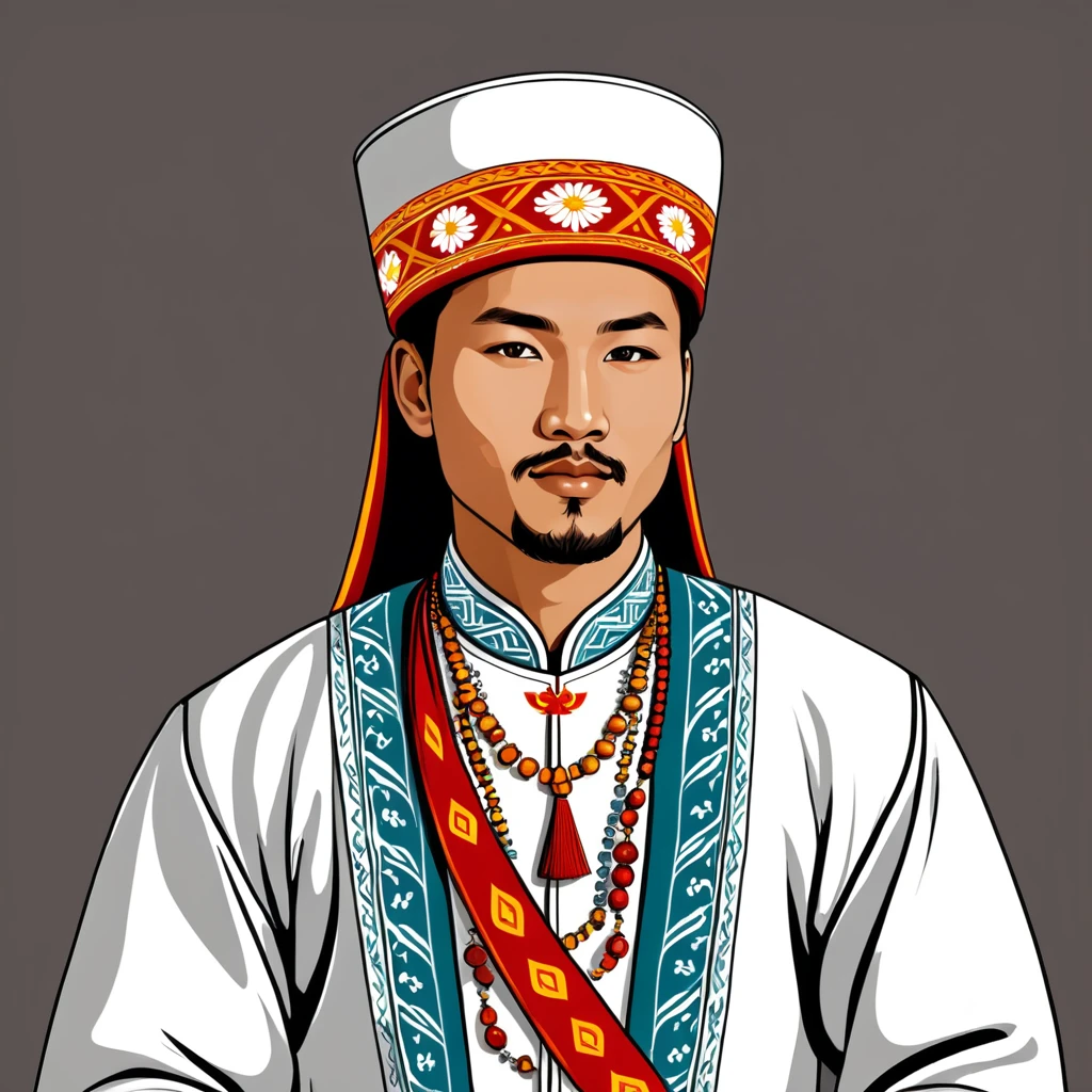 man in Kyrgyzstan folk outfit, vector graphics, strong contours
