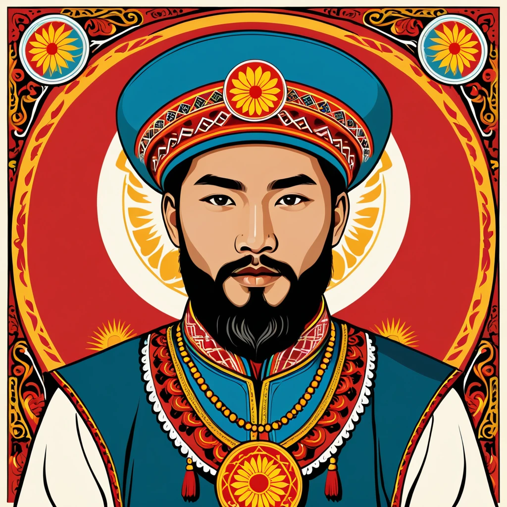 man in Kyrgyzstan folk outfit, vector graphics, strong contours