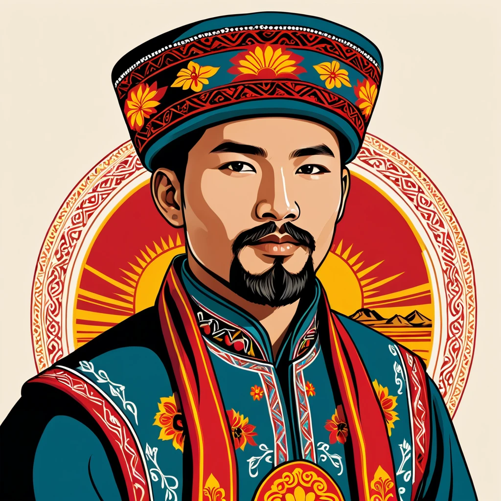 man in Kyrgyzstan folk outfit, vector graphics, strong contours