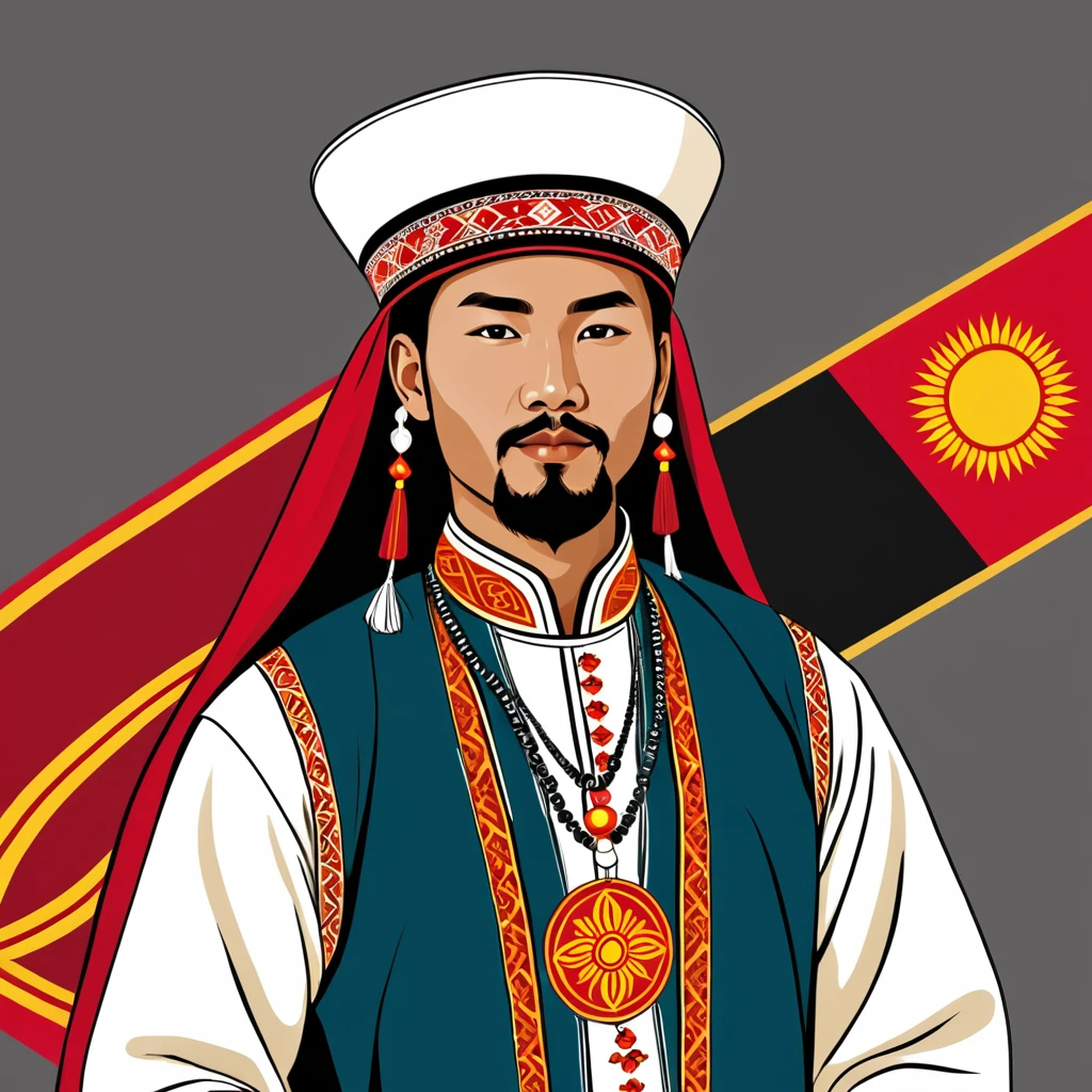 man in Kyrgyzstan folk outfit, vector graphics, strong contours