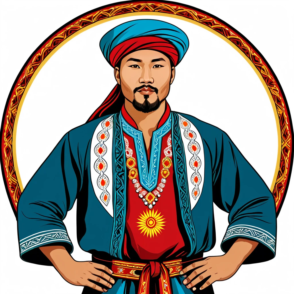 man in Kyrgyzstan folk outfit, vector graphics, strong contours
