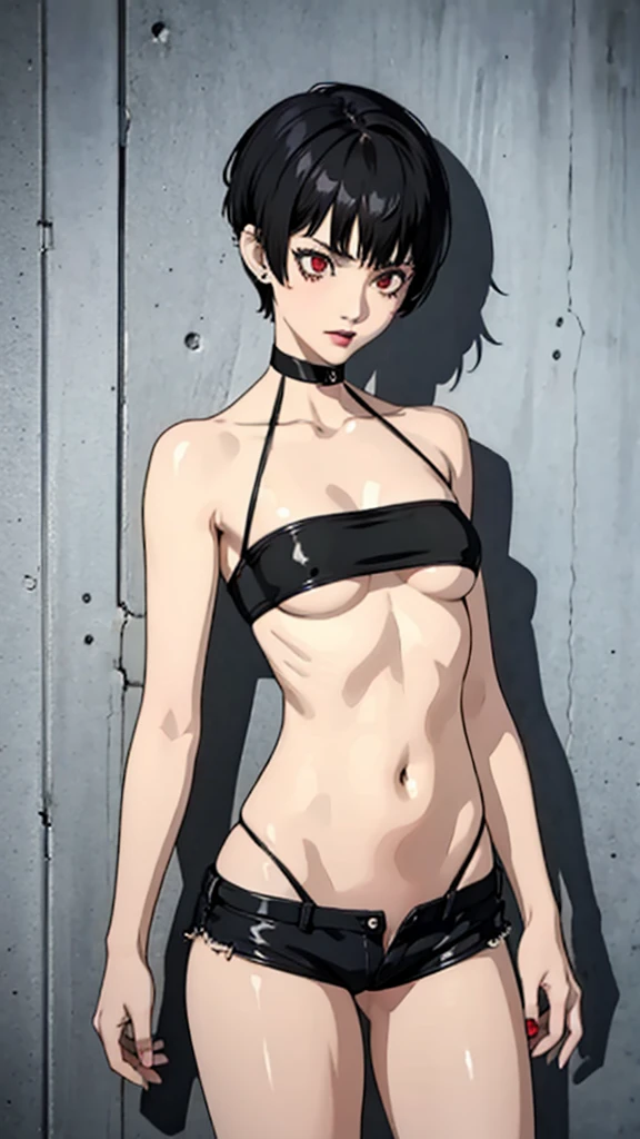 1girl, serious face, red eyes, tomboy Pixie haircut, very Short hair, black hair, black choker, white micro top bandeau, belly, medium breast, extreme micro shorts, stockings, black lipstick, black lipstick ear piercings, cowboy shot, covered nipples