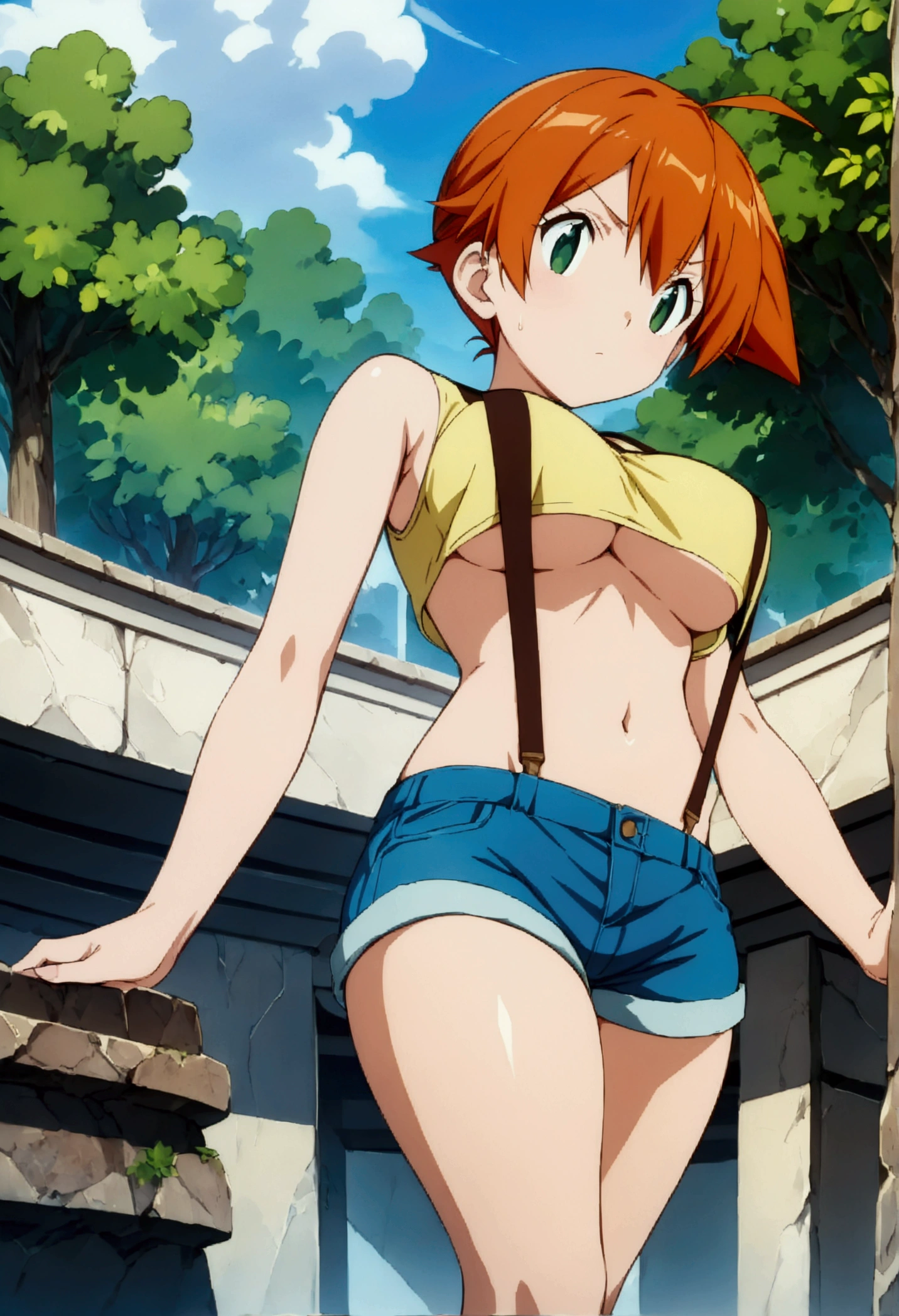 (score_9, score_8_up, score_7_up), ((best quality, masterpiece)),perfect anatomy,((aesthetic,very aesthetic)),official style, (ultra-high resolution),source_anime.from below,below view,face focus ,standing ,  (mature) ,1girl, Outdoor, Green Eyes, Orange Hair, , Yellow Shirt, Sleeveless shirt,((stomach)), Denim shorts, suspenders, ,   (slender), under_boob,unity 8k wallpaper.extremely detailed CG, ,,
