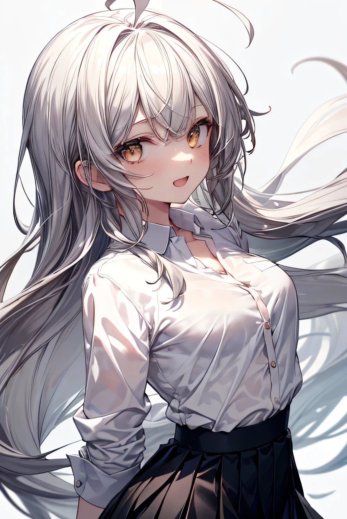 ((masterpiece, Highest quality)), (One girl), (alone), (Focus on women), (Ahoge, Gray Hair, Very long hair), Golden Eyes, Clear smile, Open your mouth, ((White shirt), (Buttoned shirt), (Gap Button)), ((Black Skirt), (Short skirt)), Are standing, White Background, Put your arms behind your back, Dynamic Angle