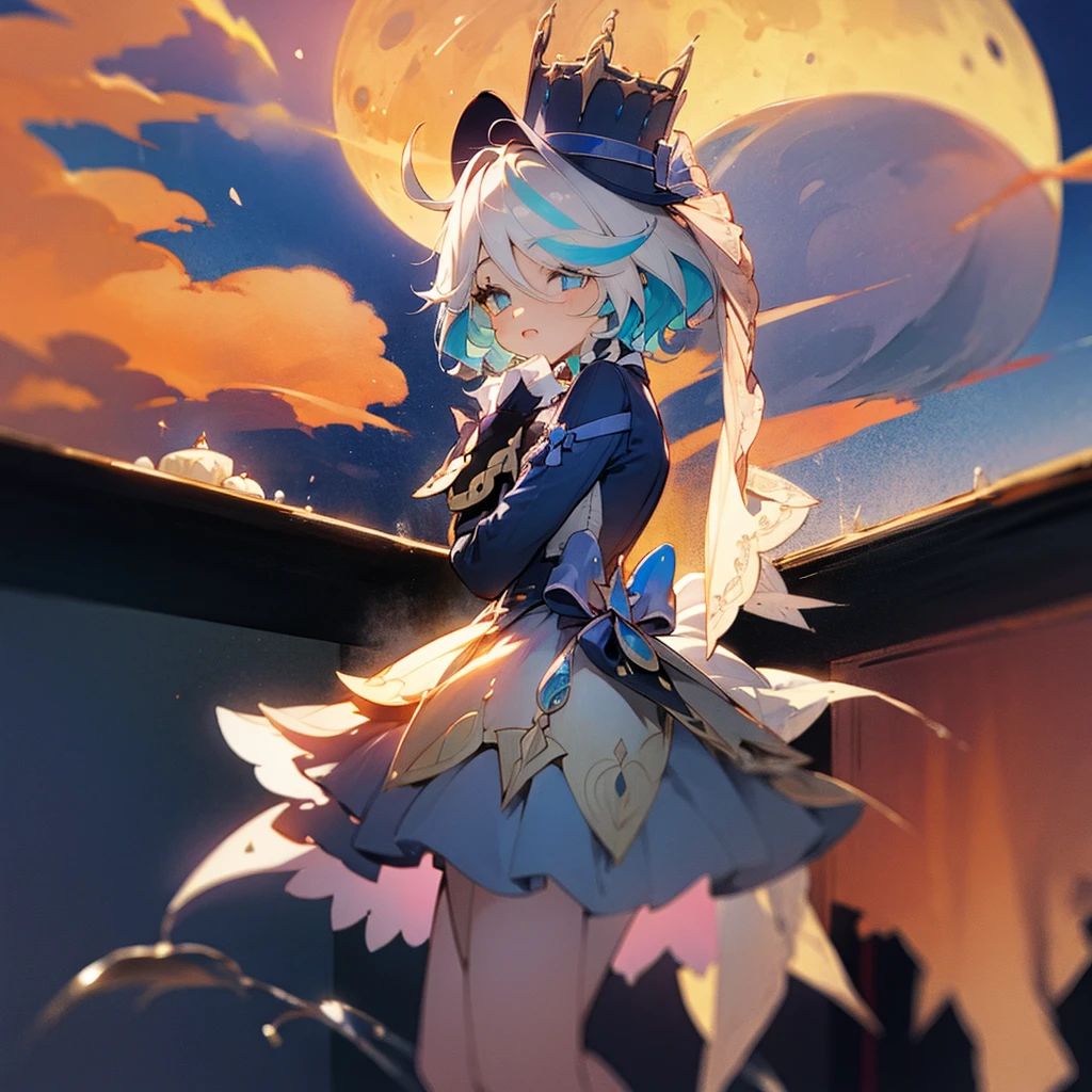 Girl, night time, blue moon, tea, cake