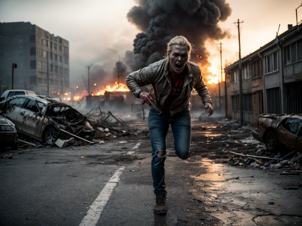 (A low angle shot), (low angle shot), (((1 beautiful blonde woman, terrified expression, running in a future post apocalyptic street))), torn and ripped open denim jacket, dirty, grimy skin, ripped jeans, surrounding buildings heavily damaged, car wrecks, rubble, raining, fire, smoke, (((in the distance an angry zombie mob))), photo realistic, cinematic, masterpiece. [The character is surrounded by mist, evoking a mysterious and eerie atmosphere. The lighting is dark and atmospheric, with smoke adding a touch of sinister ambiance. Best quality image, HDR enhancement, showcasing the utmost level of detail and realism, full body shot:1.5]. [8K, Best Quality, Ultra High Resolution, (highly detailed CG unity 8k wallpaper), (best photo), cry, (best shadows), isometric 3D, octane rendering, ray tracing, highly detailed, (Best quality, 4K, 8k:1.2), absurdity, ultra detailed, (realistic, photorealistic, photorealistic:1.37), complex parts, HDR, (complex parts:1.12), (hyper detailed, hyper realistic, Soft lighting, spicy:1.2), (complex parts, Hyper detailed:1.15). Blurred foreground. (backlit), masterpiece, high quality, brightness, chromatic aberration, foggy smoke, shadows, ontrast, clear sky, (warm hue, warm tone), high details, natural reflections]. (YES SFW)