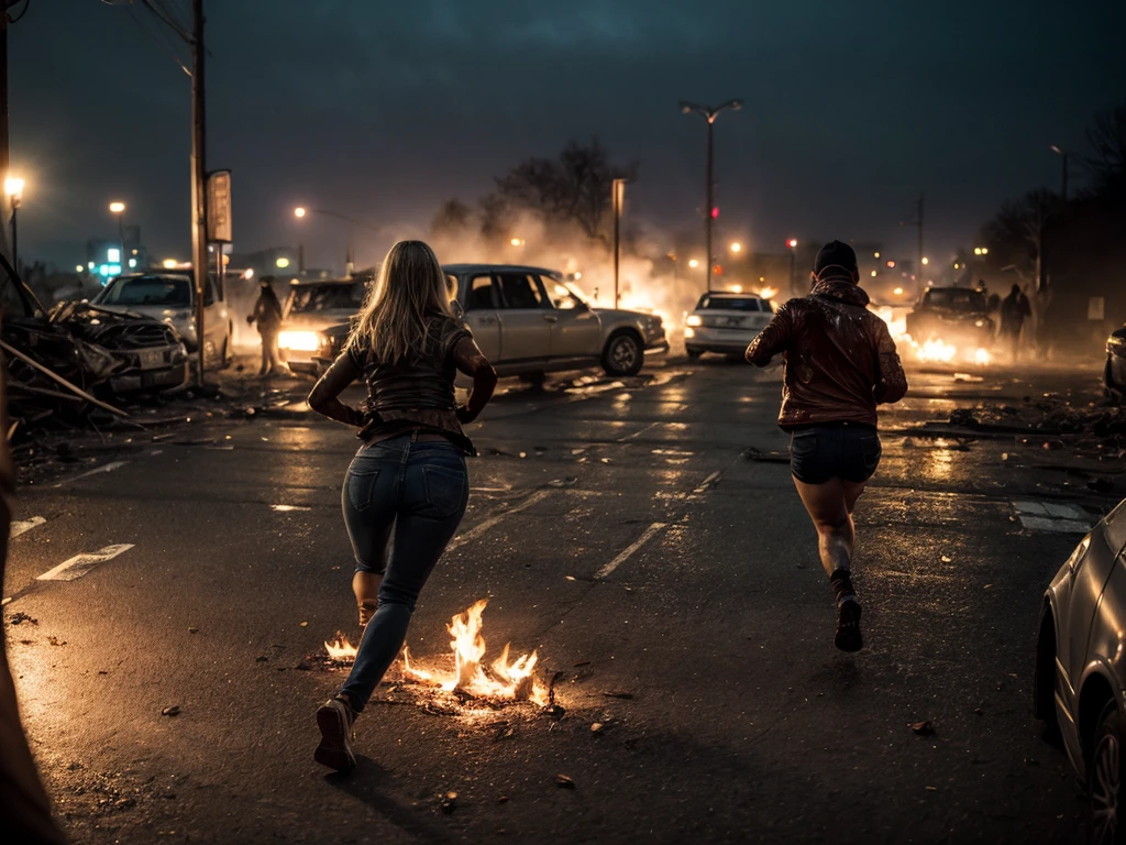 (A low angle shot), (low angle shot), (((1 beautiful blonde woman, terrified expression, running in a future post apocalyptic street))), torn and ripped open denim jacket, dirty, grimy skin, ripped jeans, surrounding buildings heavily damaged, car wrecks, rubble, raining, fire, smoke, (((in the distance an angry zombie mob))), photo realistic, cinematic, masterpiece. [The character is surrounded by mist, evoking a mysterious and eerie atmosphere. The lighting is dark and atmospheric, with smoke adding a touch of sinister ambiance. Best quality image, HDR enhancement, showcasing the utmost level of detail and realism, full body shot:1.5]. [8K, Best Quality, Ultra High Resolution, (highly detailed CG unity 8k wallpaper), (best photo), cry, (best shadows), isometric 3D, octane rendering, ray tracing, highly detailed, (Best quality, 4K, 8k:1.2), absurdity, ultra detailed, (realistic, photorealistic, photorealistic:1.37), complex parts, HDR, (complex parts:1.12), (hyper detailed, hyper realistic, Soft lighting, spicy:1.2), (complex parts, Hyper detailed:1.15). Blurred foreground. (backlit), masterpiece, high quality, brightness, chromatic aberration, foggy smoke, shadows, ontrast, clear sky, (warm hue, warm tone), high details, natural reflections]. (YES SFW)