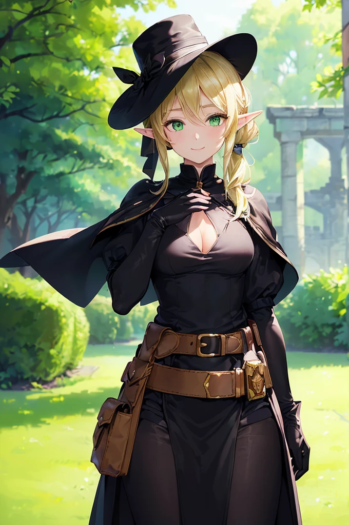 (((masterpiece; best quality: 1.2))), (finely detailed eyes: 1.3), (25 year old elf woman), (solo), (green eyes: 1.4), (body; buxom, fit, femenine: 1.3), (silky blonde hair in low ponytail: 1.3), (beautiful and clear background: 1.2), ((depth of field)), (equipment: adventurer attire + modest + elegant wide-brimmed hat + black blouse + black cape + black long skirt + gloves + belt + pouches: 1.3), (anime illustration: 1.2), (background composition; royal garden: 1.1), (extremely fine and beautiful: 1.1), (shot composition; standing + centered on torso + close-up: 1.5), (expression; calm, smile: 1.2)