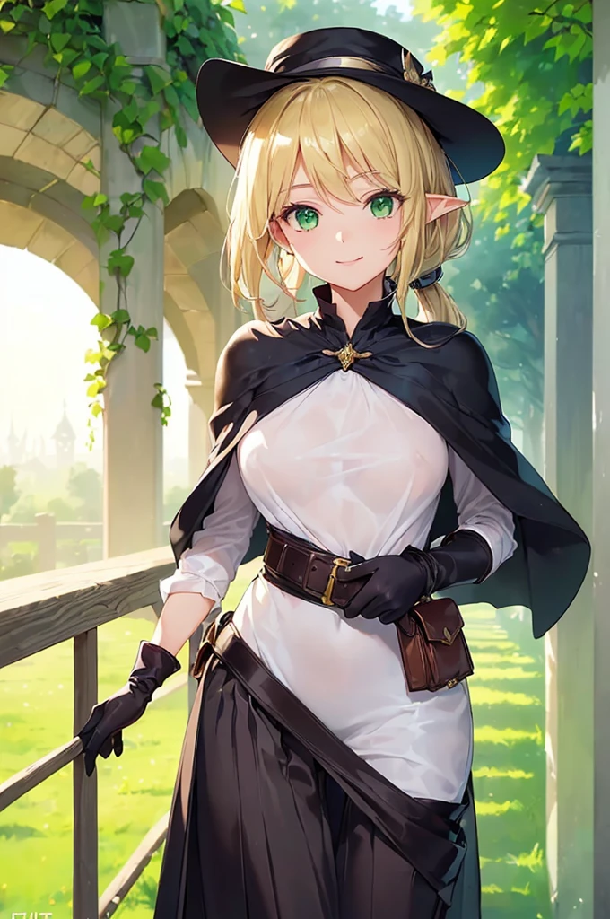 (((masterpiece; best quality: 1.2))), (finely detailed eyes: 1.3), (25 year old elf woman), (solo), (green eyes: 1.4), (body; buxom, fit, femenine: 1.3), (silky blonde hair in low ponytail: 1.3), (beautiful and clear background: 1.2), ((depth of field)), (equipment: adventurer attire + modest + elegant wide-brimmed hat + black blouse + black cape + black long skirt + gloves + belt + pouches: 1.3), (anime illustration: 1.2), (background composition; royal garden: 1.1), (extremely fine and beautiful: 1.1), (shot composition; standing + centered on torso + close-up: 1.5), (expression; calm, smile: 1.2)