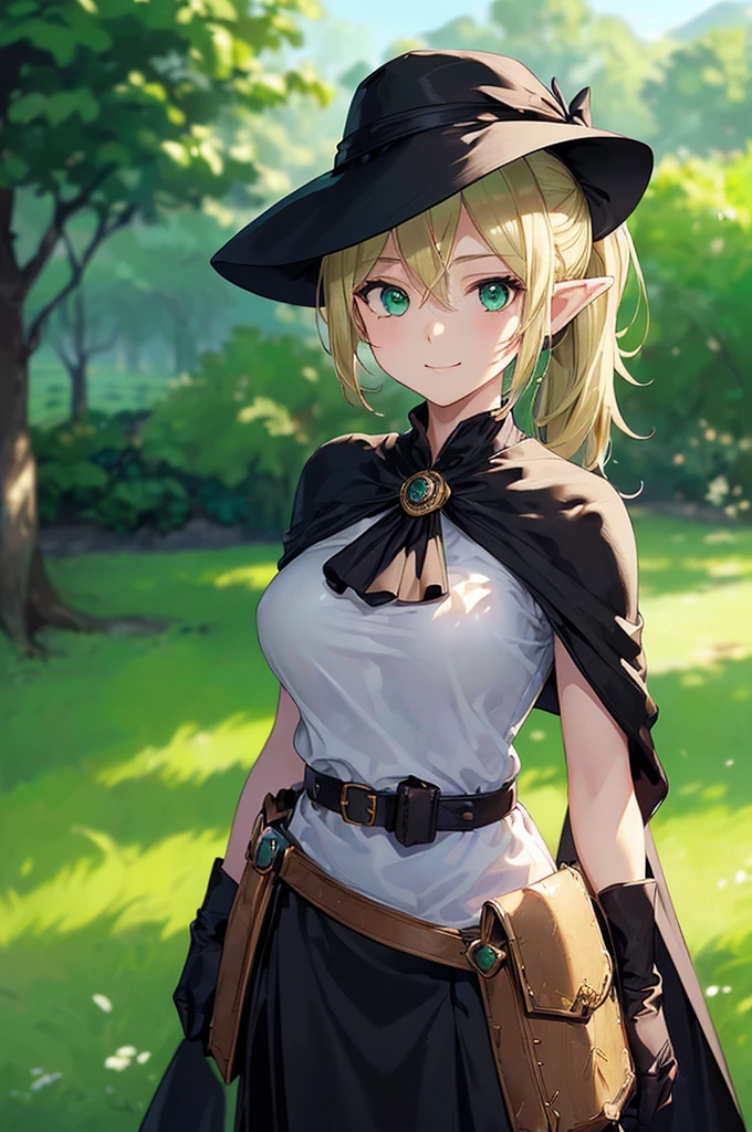 (((masterpiece; best quality: 1.2))), (finely detailed eyes: 1.3), (25 year old elf woman), (solo), (green eyes: 1.4), (body; buxom, fit, femenine: 1.3), (silky blonde hair in low ponytail: 1.3), (beautiful and clear background: 1.2), ((depth of field)), (equipment: adventurer attire + modest + elegant wide-brimmed hat + black blouse + black cape + black long skirt + gloves + belt + pouches: 1.3), (anime illustration: 1.2), (background composition; royal garden: 1.1), (extremely fine and beautiful: 1.1), (shot composition; standing + centered on torso + close-up: 1.5), (expression; calm, smile: 1.2)