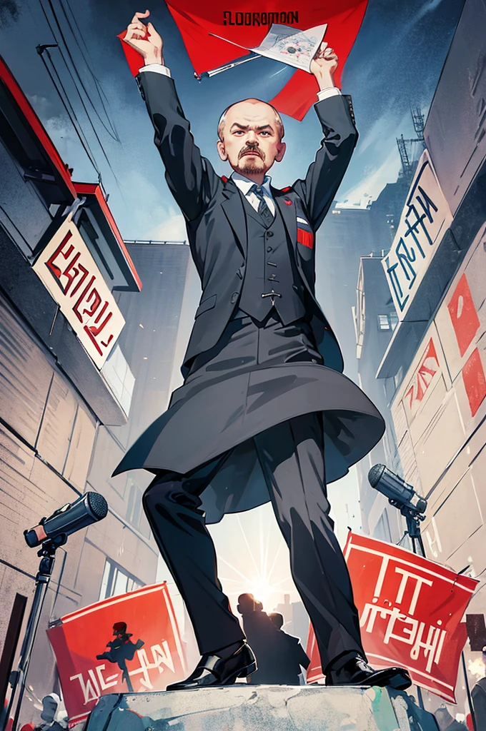 (((vladimir lenin))) in a suit and tie holding a microphone, soviet poster of viktor orban, soviet propaganda style, soviet propaganda, ussr poster, soviet propaganda poster style, soviet poster, soviet propaganda art, soviet propaganda poster art, communist propaganda, russian constructivism, banners with lenin, sovietwave