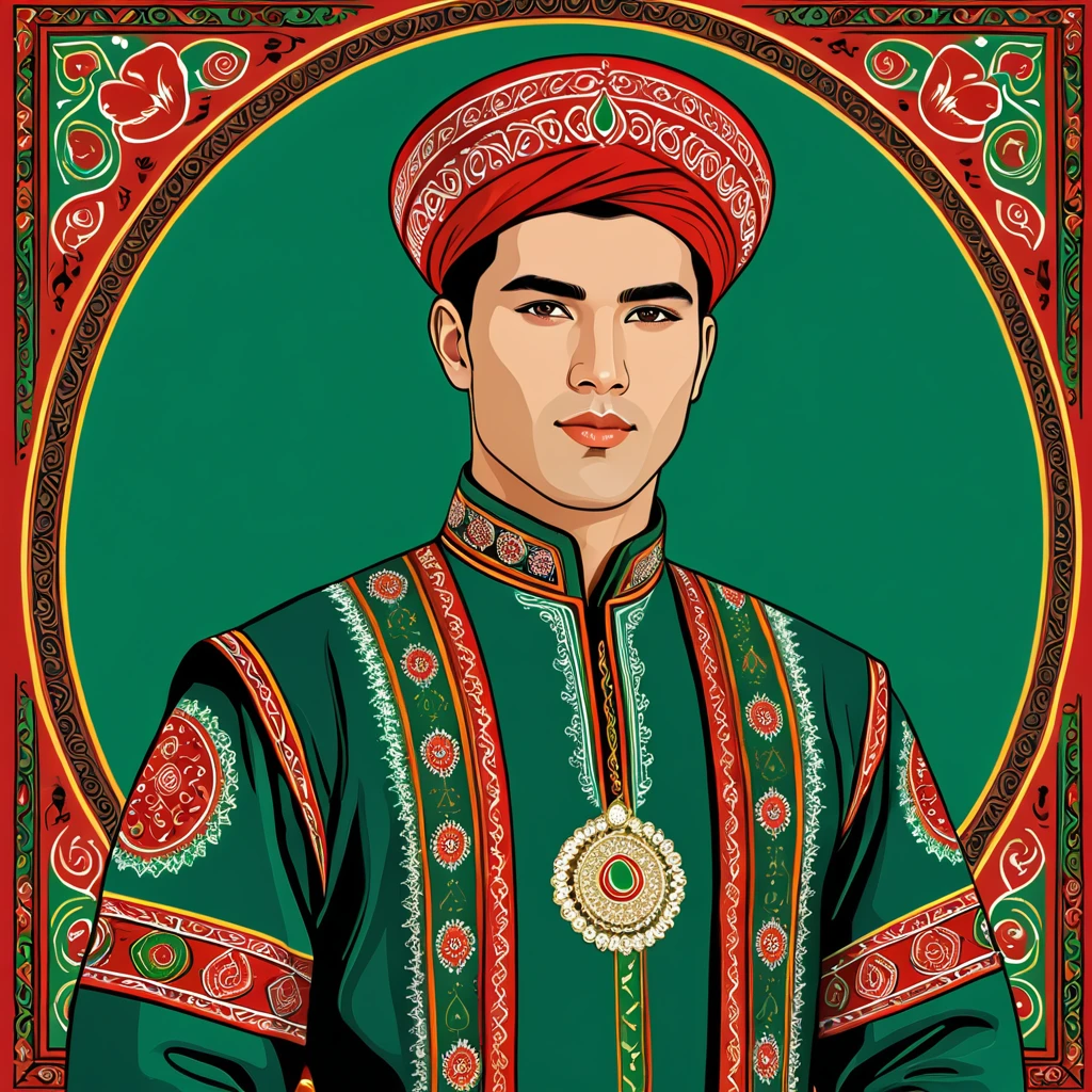 man in turkmenistan folk outfit, vector graphics, strong contours