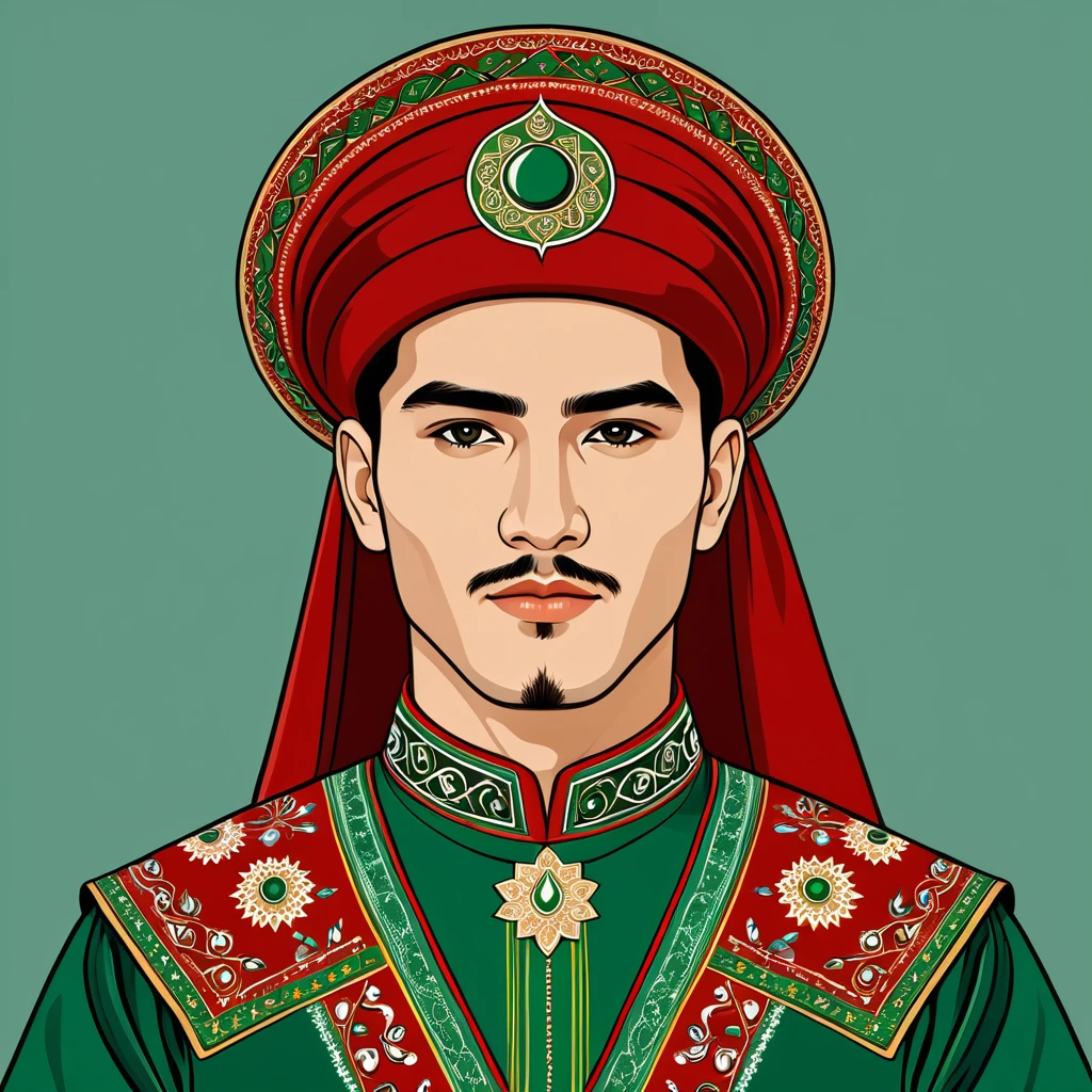 man in turkmenistan folk outfit, vector graphics, strong contours