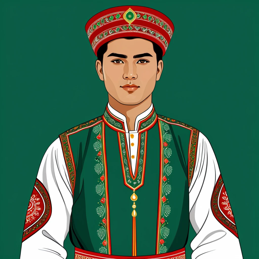 man in turkmenistan folk outfit, vector graphics, strong contours