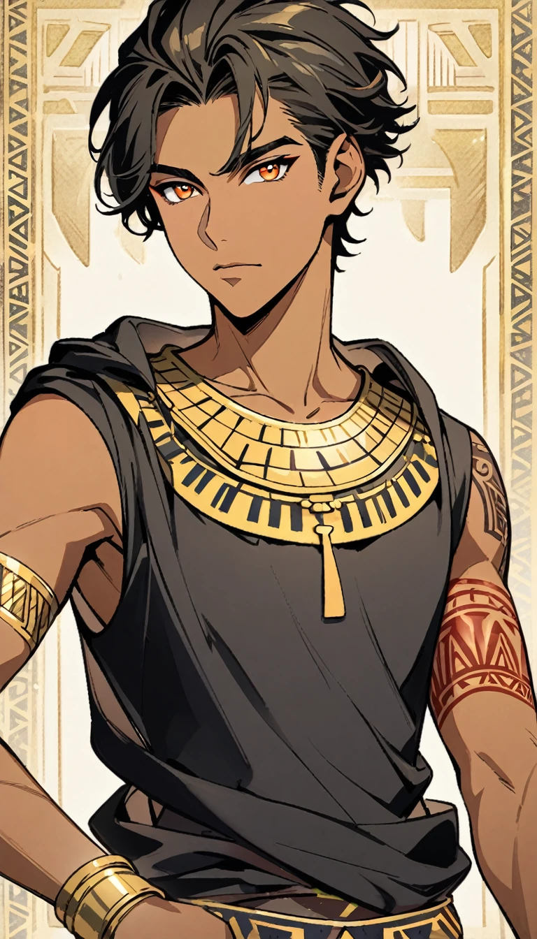 Egyptian Background,Handsome young man, blond, Orange Eyes, short hair, Black Hoodie,high quality, Draw Amount, pixiv illustrations,Tanned skin,Red tattoo on the arm,(Egyptian style,Egyptian Dress Up)