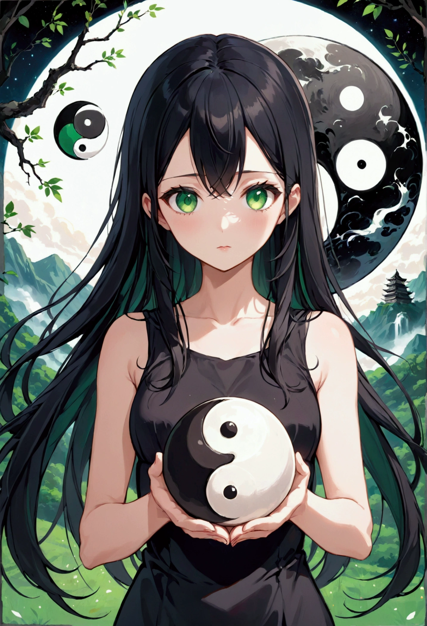 Girl with dark blue hair, green eyes,tall rectangular body figure, mature,holding ying yang symbol