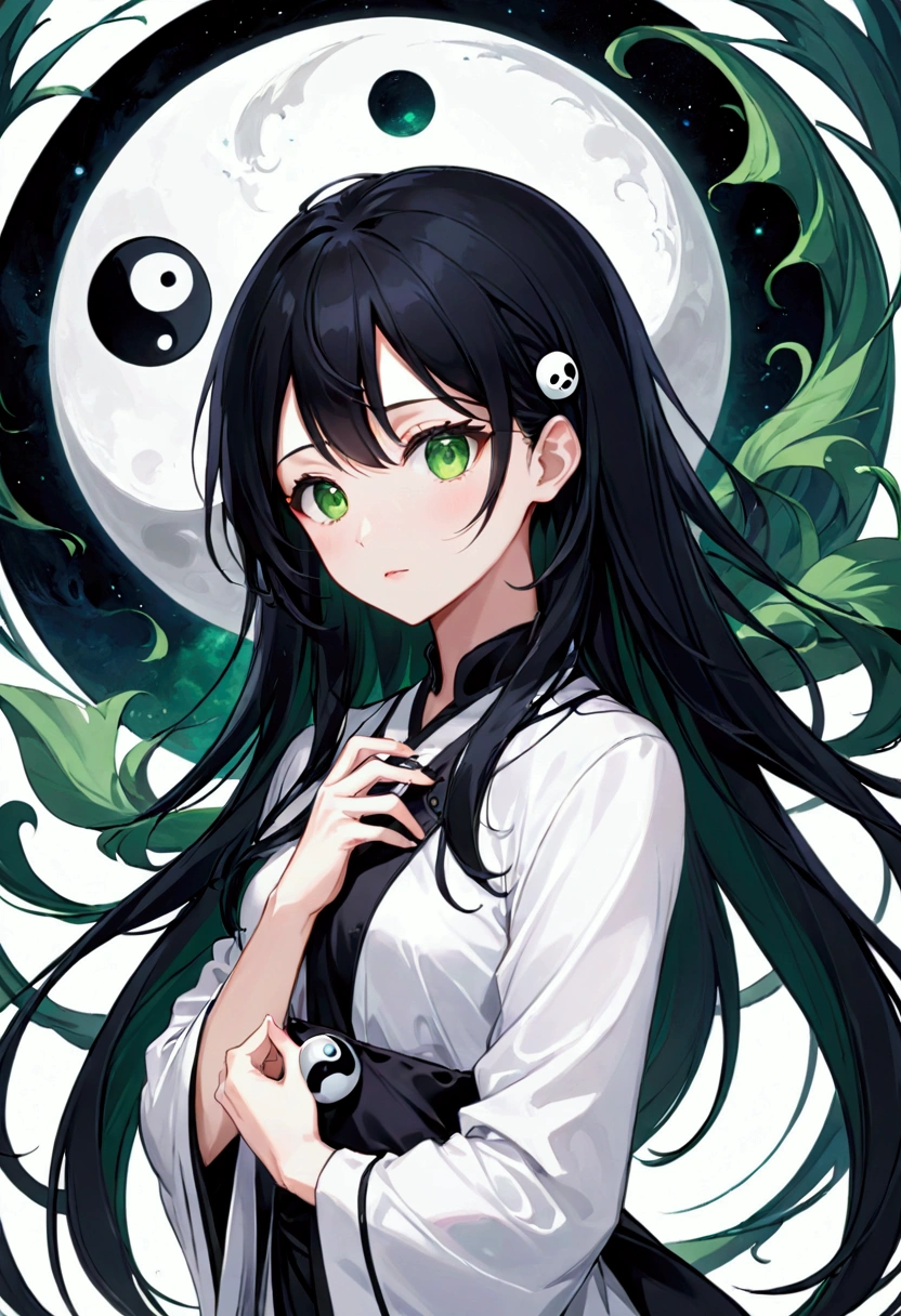 Girl with dark blue hair, green eyes,tall rectangular body figure, mature,black and white ying yang robes