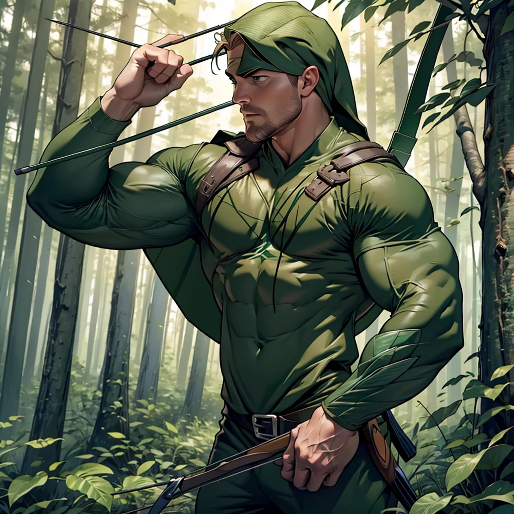 NSFW , 32k, high quality , detailed face , detailed fingers ,detailed muscles, detailed cock , (((stephen amell))) as green arrow , totally naked , no cloth, showing balls and a hard cock, , showing a dark blond short hair , a thick facial hair , hard nipples, ,hunk and handsome, shooting with his bow and arrow toward the enemy , with the quiver on his back full of arrows , spread legs