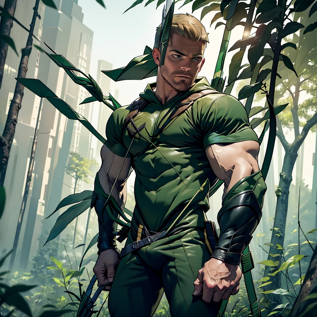 32k, high quality , detailed face , detailed fingers ,detailed muscles  (((stephen amell))) as (((green arrow))) , wearing dark green forest suit   , having a dark blond short hair , a thick well groomed facial hair, a bulge ,hunk and handsome, shooting with his bow and arrow toward the ennemy , with the quiver on his back full of arrows , background  a lush forest and trees