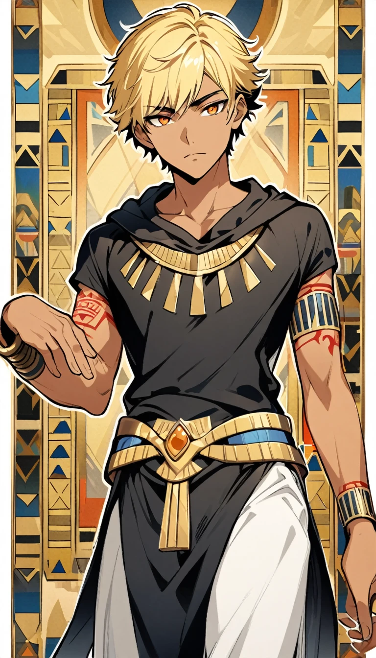 Egyptian Background,Handsome young man, blond, Orange Eyes, short hair, Black Hoodie,high quality, Draw Amount, pixiv illustrations,Tanned skin,Red tattoo on the arm,(Egyptian style,Egyptian Dress Up)