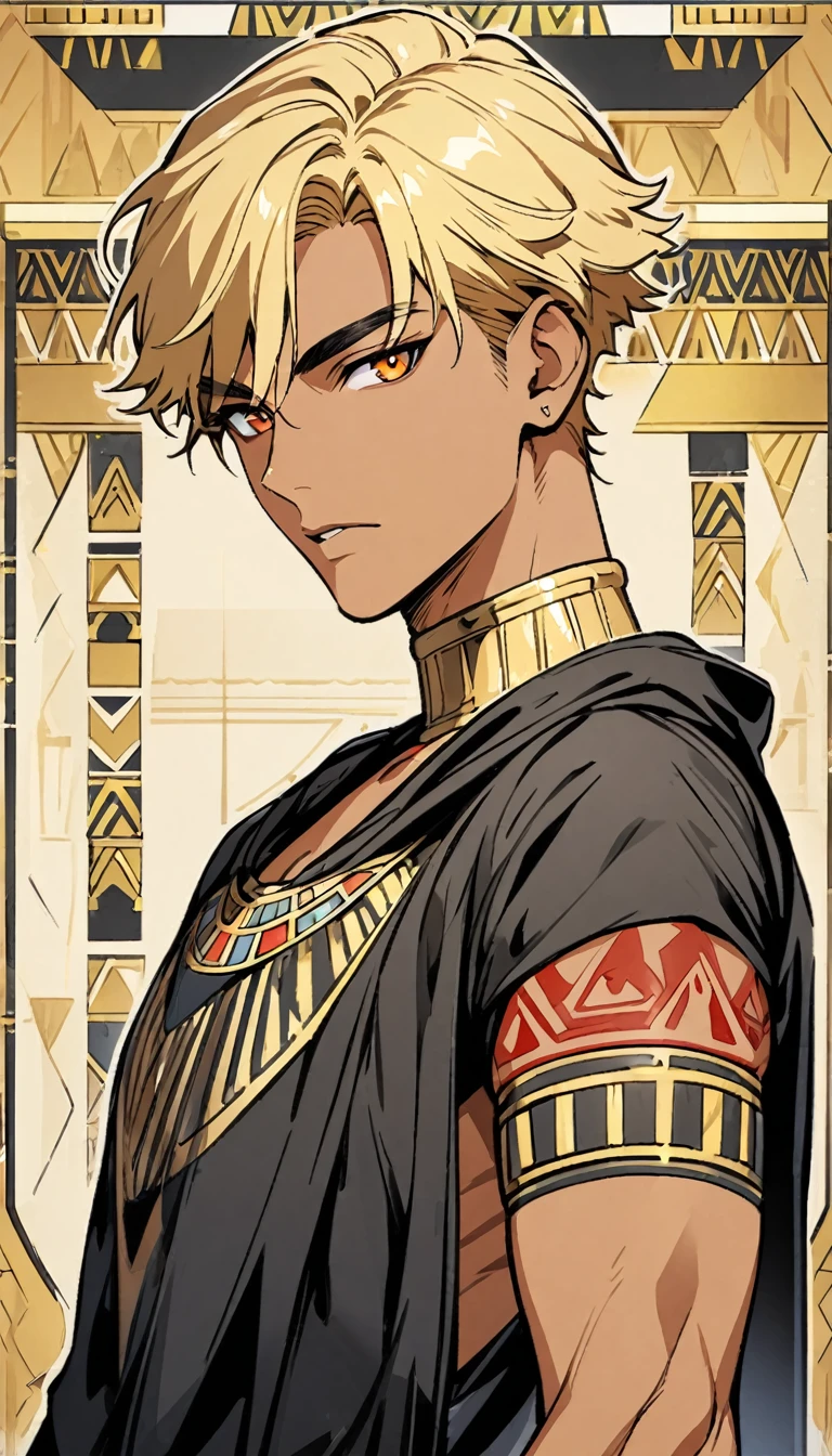 Egyptian Background，Handsome young man, blond, Orange Eyes, short hair, Black Hoodie,high quality, Draw Amount, pixiv illustrations，Tanned skin，Red tattoo on the arm，(Egyptian style，Egyptian Dress Up)