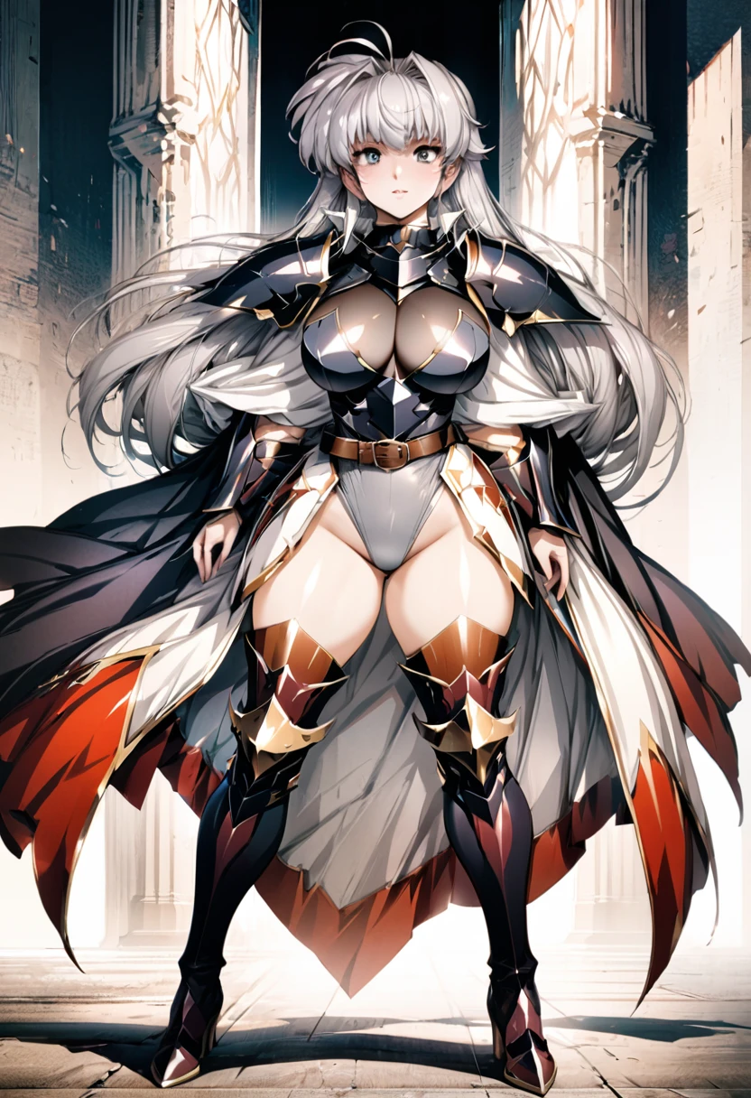 ((highest quality)), ((masterpiece)), ((hyperrealistic)), (detailed background), 1girl, ((curvy: 1.2)), Langrisser, ((gray leotard: 1.5)), ((catsuit)), ((black wizard armor: 1.3)), ((long skirt)), ((armored dress)), cloak de cour, gauntlet, gloves, belt, silver hair, ahoge, (huge breasts), (see-through cleavage cutout), (zettai ryouiki armored thigh high boots), (thighs), beautiful eyes, perfect face, Perfect hands, perfect fingers,