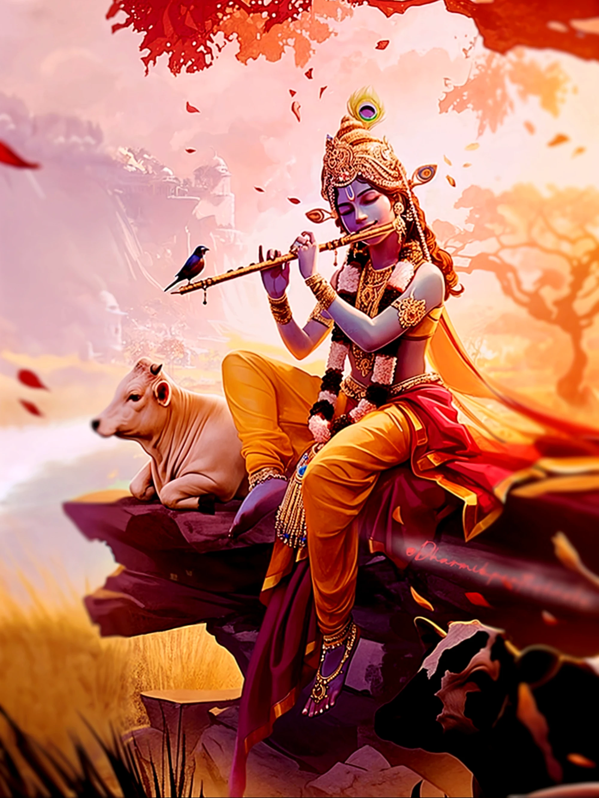 Krishna waiting for Radha in the river side sitting on the middle of the
tree and sleeping
with
cow and peacock by playing flute
Only genrate the photo