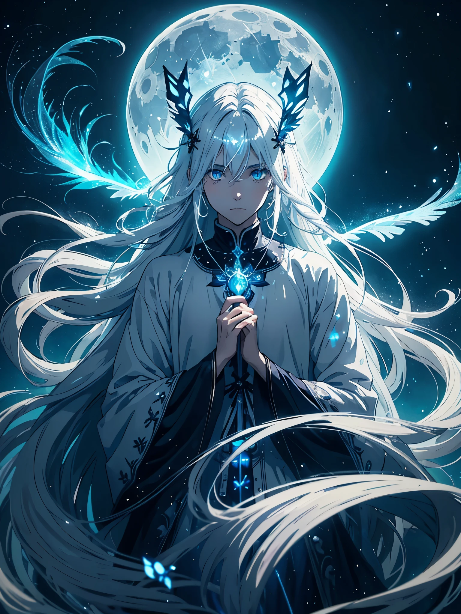Mehr anime. Mehr 2D. Glow. With blue moth. White crows. Ghosts. lights. magical. Power animals. Spirit. King of the moon. Long hair. long white hair. aquatic, boy, silver hair accessories, White hair, blue flowers. Blue lights. full moon. holy.