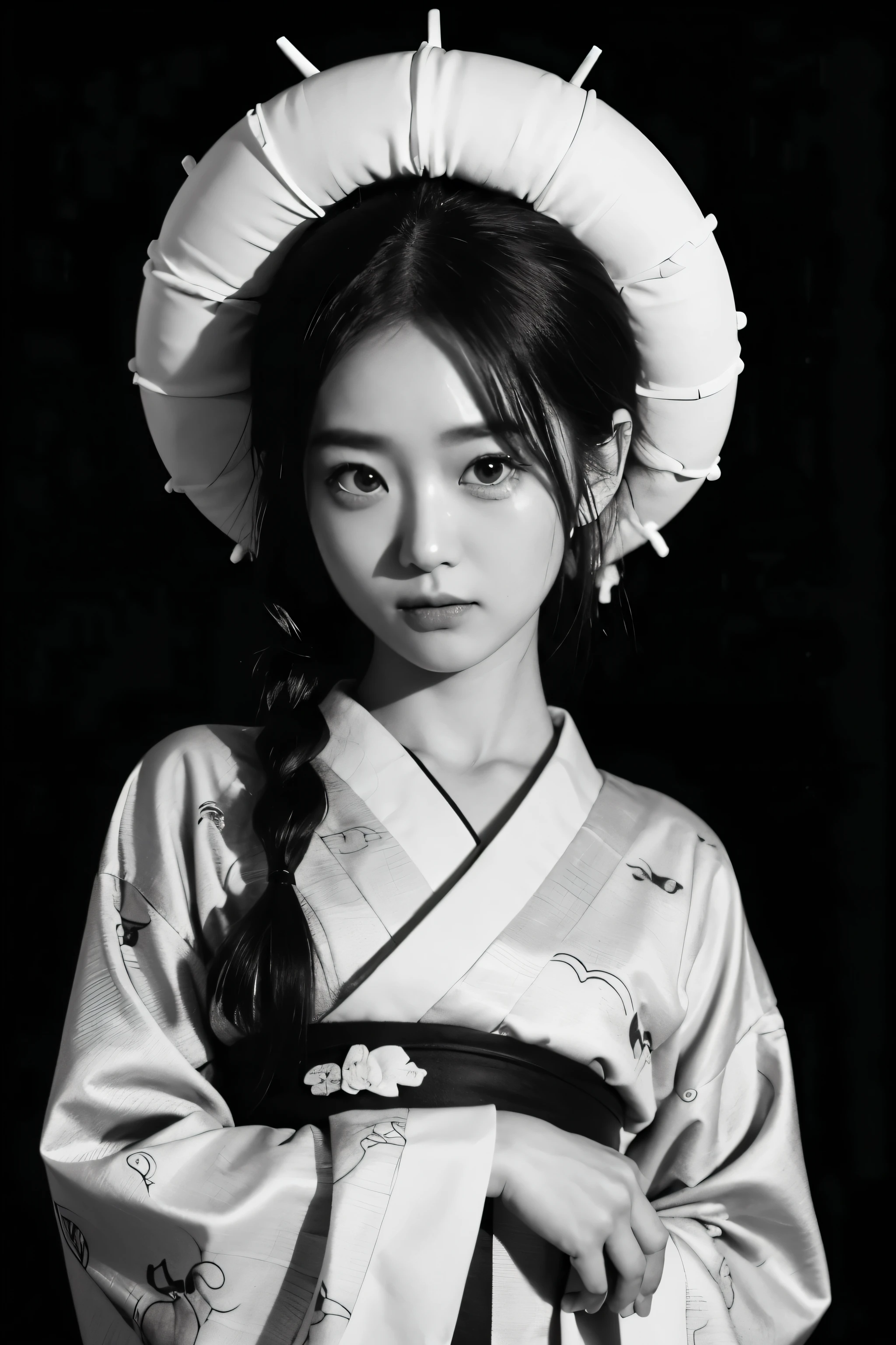 (1 girl:1.2), Solitary, Shimecart,Japanese traditional clothing, Red Eyes,cartoon style, Joe Fenton, A black and white photo with an expressionless face, camping, Indecent, painful, envy, Gast (Lovecraftian),calm, Gentle smile, Wayne Barlow,, in gochuumon wa usagi desu ka? style, Nostalgia