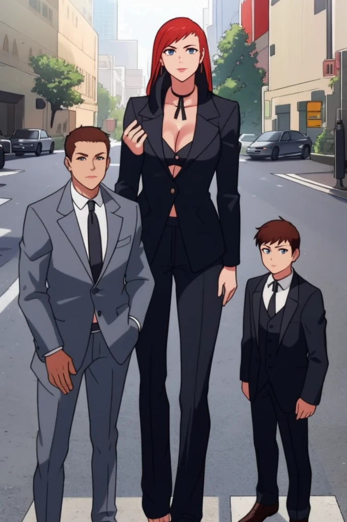 Tall wife in the middle, short husband in the left, short son in the right, beautiful faces, wife is wearing suit and pants, wife has big , wife is showing cleavage, wife is ripped, wife's suit has a belly button cutout, wife has ripped visible abs, make the girls even more taller than the boys, boys are very thin and weak, boys wearing suit and pants, wife is standing barefoot, boys are wearing office shoes