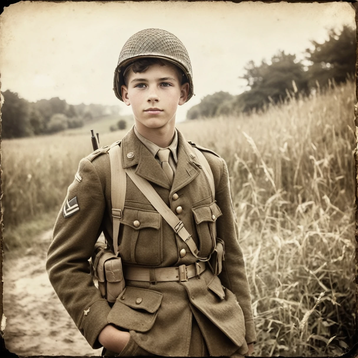 vintage photo of a teenage soldier in world war 2, normandy, dressed in OPEN american infantry clothes, natural light, film grain, distressed edges, vignette
