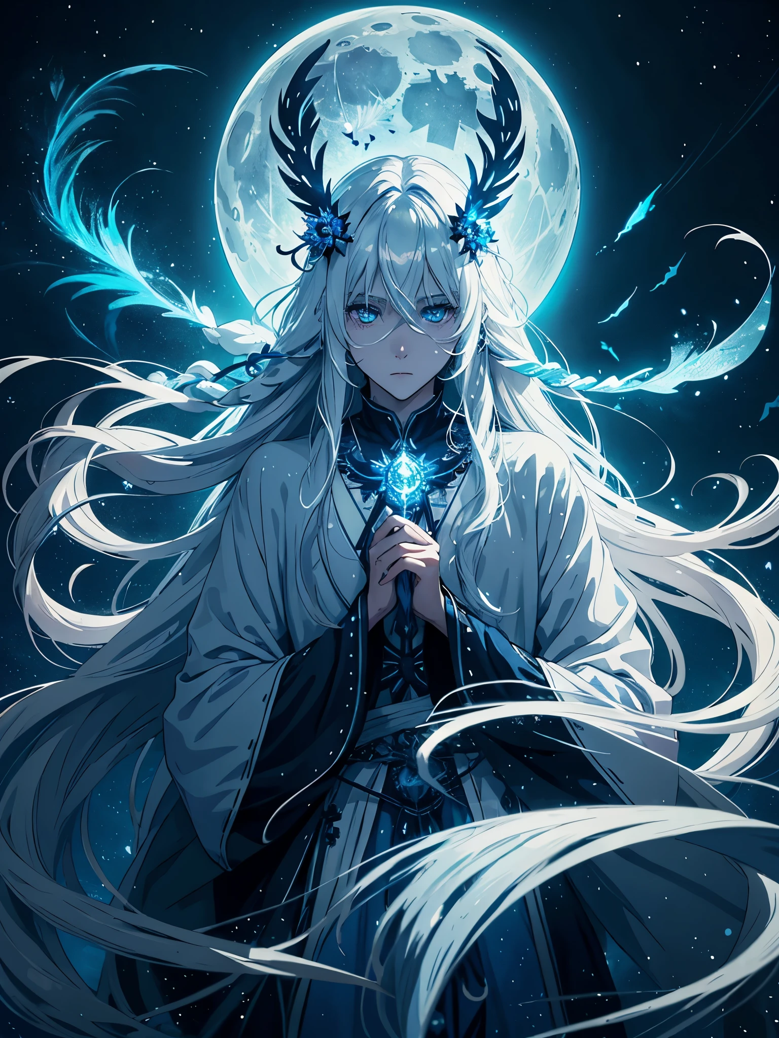 Mehr anime. Mehr 2D. Glow. With blue moth. White crows. Ghosts. lights. magical. Power animals. Spirit. King of the moon. Long hair. long white hair. aquatic, boy,  silver hair accessories, White hair, blue flowers. Blue lights. full moon. holy. 