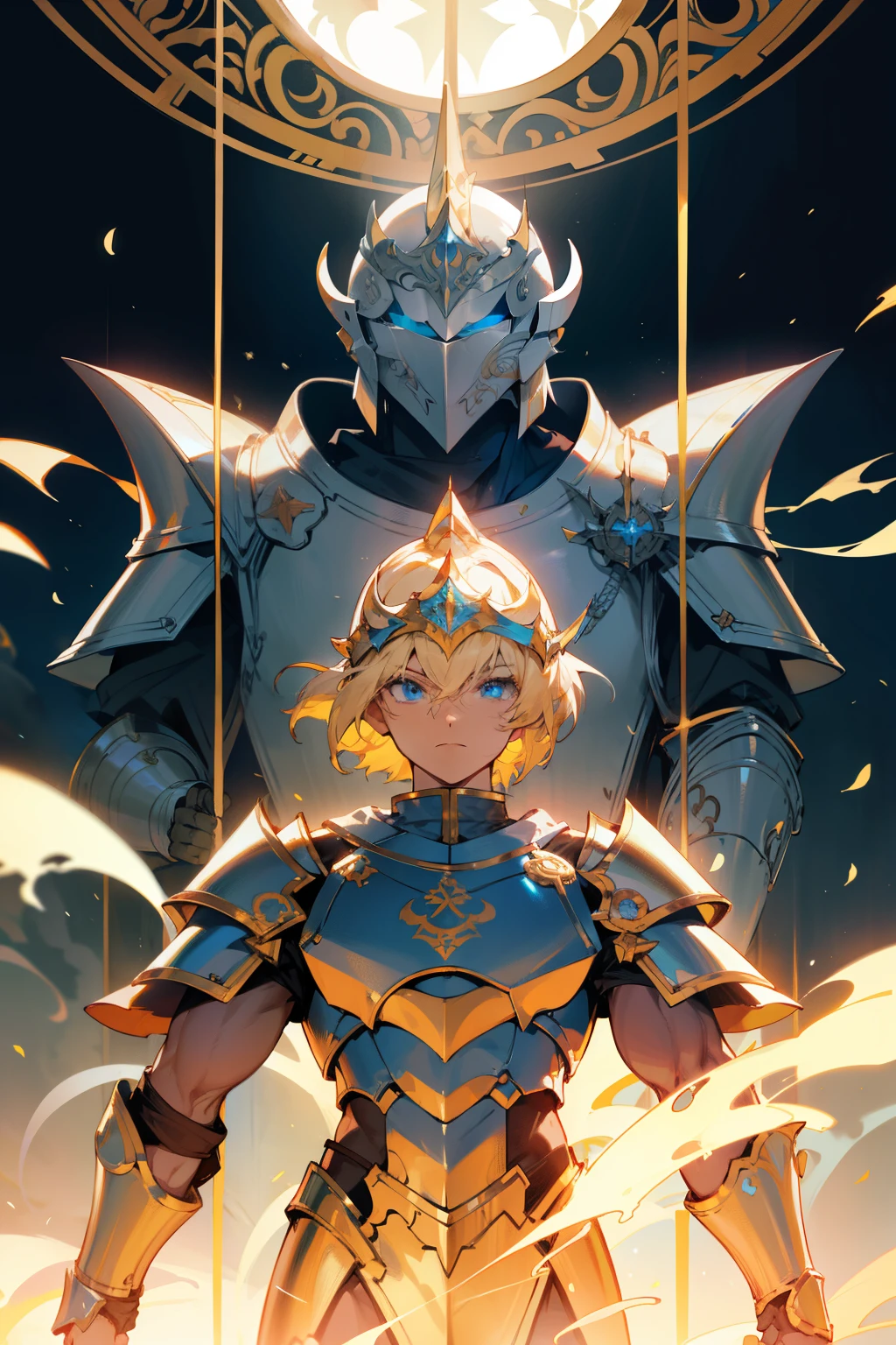 Anime-style RPG Human Paladin, fully armed with a shining helmet. The noble paladin dons a polished suit of armor, its metallic surface reflecting the radiant light. The intricate design of the helmet's crest soars high, conveying the paladin's unwavering courage and dedication. The armor's plates are seamlessly joined, forming a protective barrier around the paladin's strong yet muscular figure. The helmet covers a chiseled jawline and piercing blue eyes, ready to face any challenge that lies ahead.