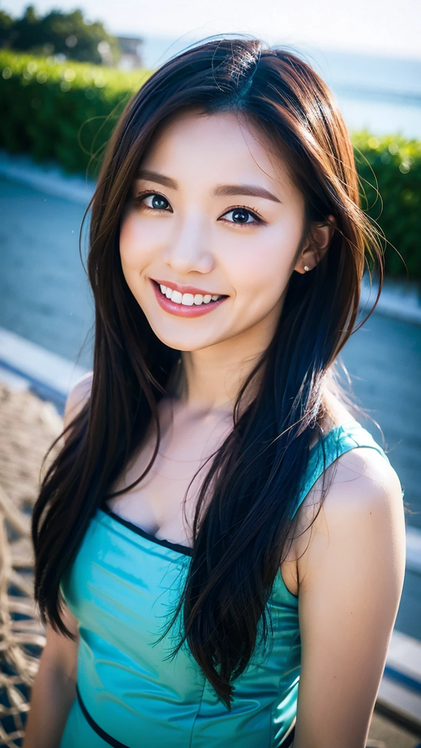 Realistic high-quality photos、Highest quality、From above、A little chubby。Looking into the camera、smile。Take a photo book。Shooting at dusk。Beach。super high quality、8hair。Portraiture。Background Blur、Black Hair。The hair length is medium、One Lane、Red lipstick、One Girl, alone, Japanese Girls、Healthy Body、Because it's good、Big Breasts、Black Lingerie、From above