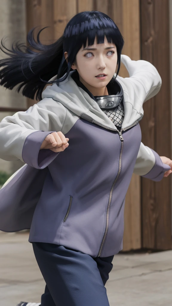 masterpiece, absurdres, 1girl, hinata\(shippuden\), solo,hooded jacket, fishnets, headband around neck, looking at viewer, floating hair, wind, blue pants,