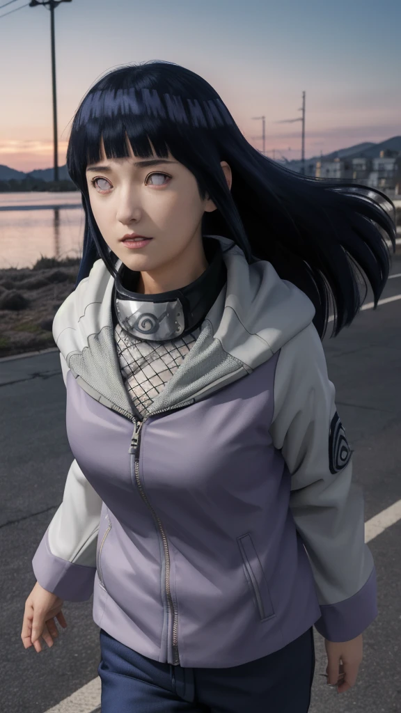 masterpiece, absurdres, 1girl, hinata\(shippuden\), solo,hooded jacket, fishnets, headband around neck, looking at viewer, floating hair, wind, blue pants,