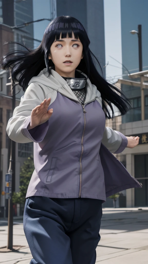 masterpiece, absurdres, 1girl, hinata\(shippuden\), solo,hooded jacket, fishnets, headband around neck, looking at viewer, floating hair, wind, blue pants,