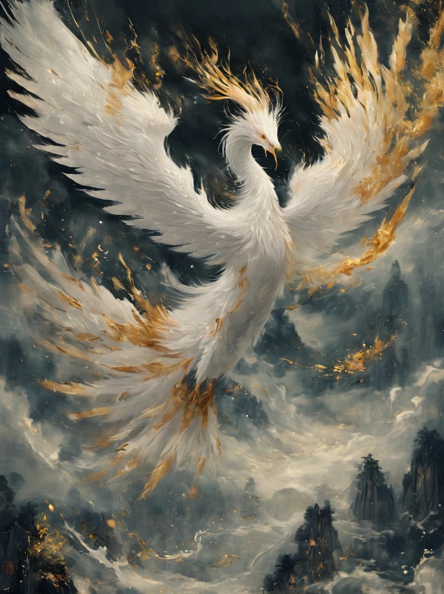 Nine-tailed white phoenix with golden mouth and golden claws soars into the sky