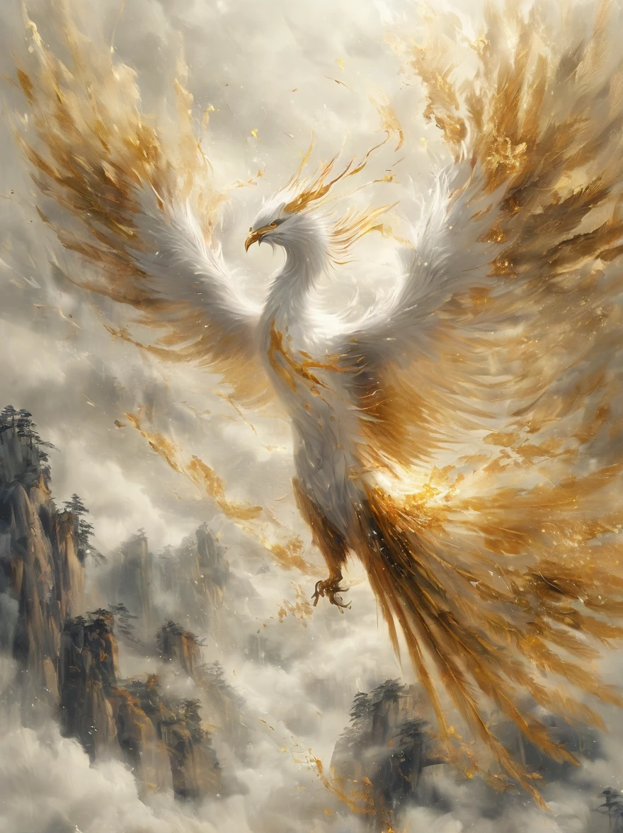 Nine-tailed white phoenix with golden mouth and golden claws soars into the sky