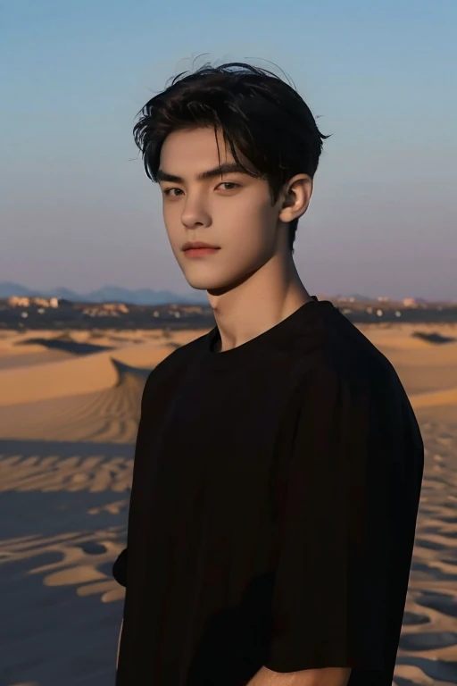 Desert dusk in the background，masterpiece，Ultra-high resolution，（Reality：1.4），original photo，Bust photo，1 Boy，in the darkness，Deep Shadows，Low profile，Cold Light，Incredibly handsome，detail，18 years old，Emotional，The face is clear，black shirt，Face Light，shirt, Half-length photo, 