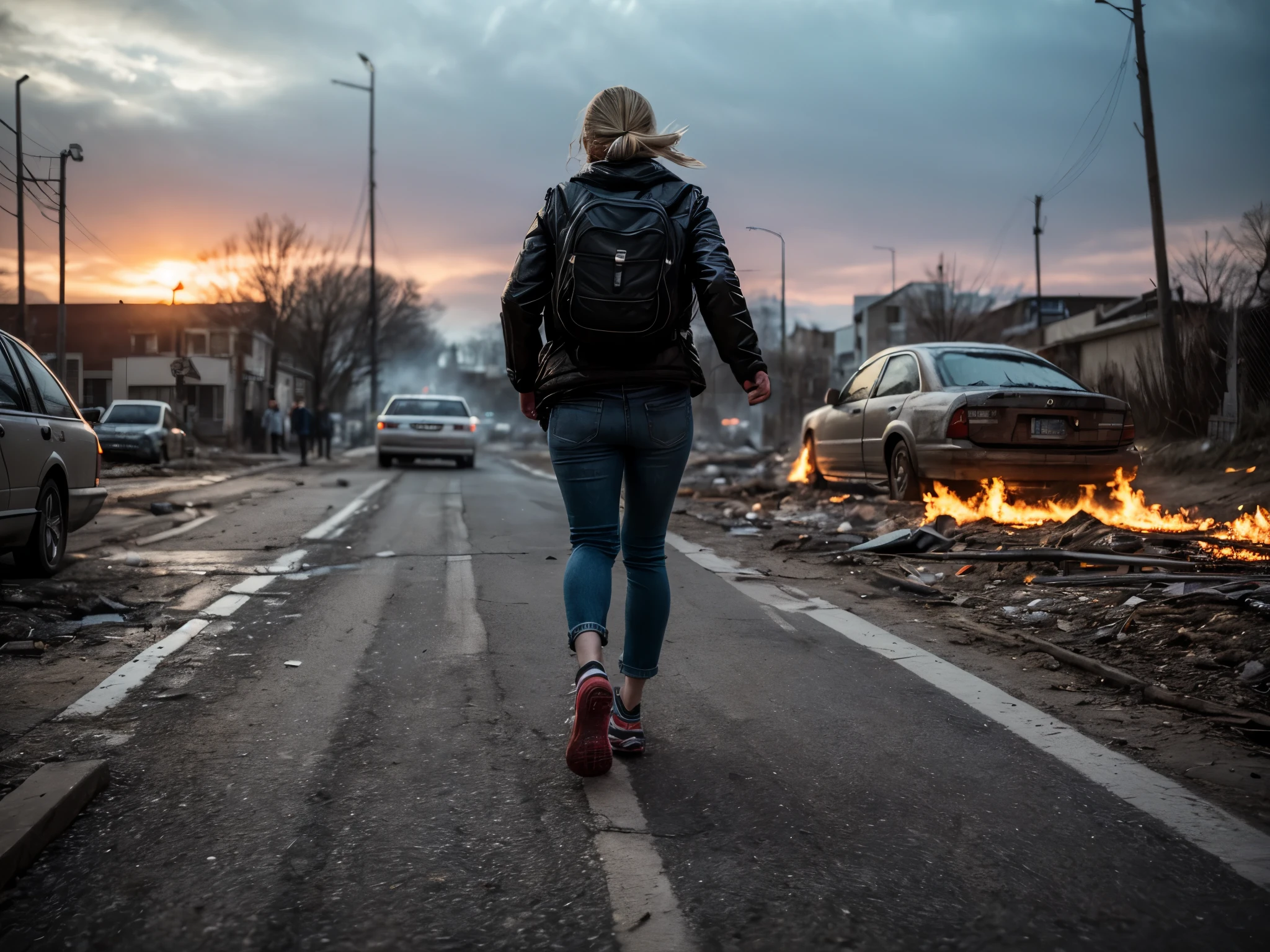 (A low angle shot), (low angle shot), (((1 beautiful blonde woman, terrified expression, running in a future post apocalyptic street))), torn and ripped open denim jacket, dirty, grimy skin, ripped jeans, surrounding buildings heavily damaged, car wrecks, rubble, raining, fire, smoke, (((in the distance an angry zombie mob))), photo realistic, cinematic, masterpiece. [The character is surrounded by mist, evoking a mysterious and eerie atmosphere. The lighting is dark and atmospheric, with smoke adding a touch of sinister ambiance. Best quality image, HDR enhancement, showcasing the utmost level of detail and realism, full body shot:1.5]. [8K, Best Quality, Ultra High Resolution, (highly detailed CG unity 8k wallpaper), (best photo), cry, (best shadows), isometric 3D, octane rendering, ray tracing, highly detailed, (Best quality, 4K, 8k:1.2), absurdity, ultra detailed, (realistic, photorealistic, photorealistic:1.37), complex parts, HDR, (complex parts:1.12), (hyper detailed, hyper realistic, Soft lighting, spicy:1.2), (complex parts, Hyper detailed:1.15). Blurred foreground. (backlit), masterpiece, high quality, brightness, chromatic aberration, foggy smoke, shadows, ontrast, clear sky, (warm hue, warm tone), high details, natural reflections]. (YES SFW)